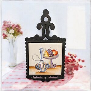 Vintage Ardco Black Cast Iron Ceramic FRUIT & WINE Tile Trivet Kitchen Wall Art